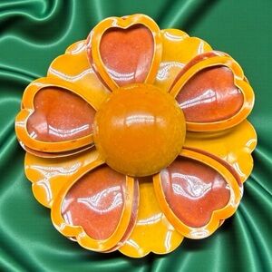 Vintage Retro Hippy Mod 60's Saffron Yellow Enamel Metal Flower Pin Brooch 2.5”
